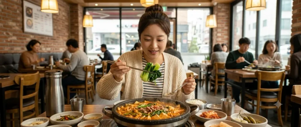 채소 먼저 먹기 규칙을 실천하며 샤브샤브 고기보다 야채를 먼저 건져 먹는 여성