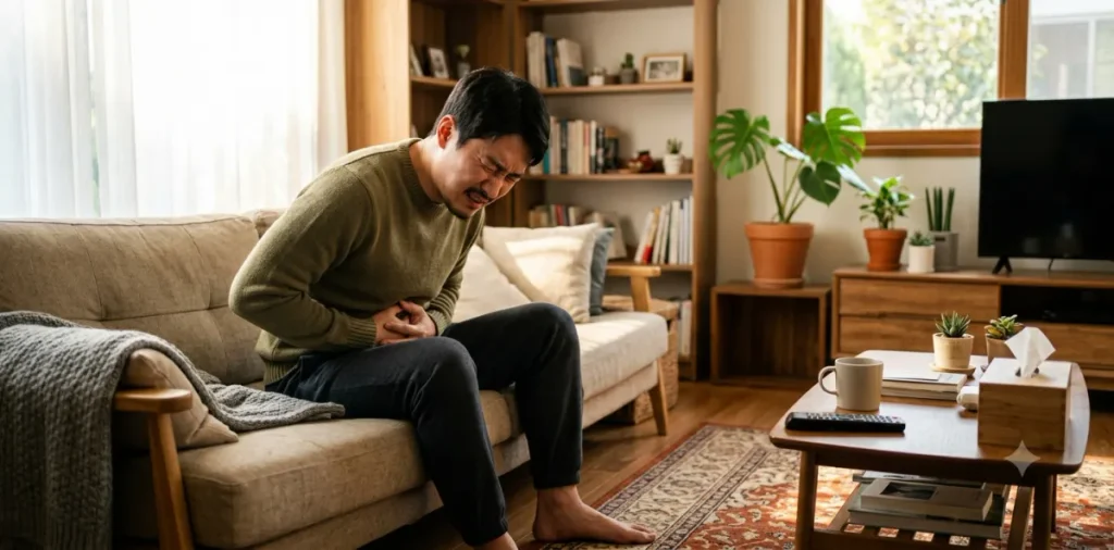 저탄고지 다이어트 설사 문제로 아침 거실에서 심하게 배를 부여잡고 있는 장면