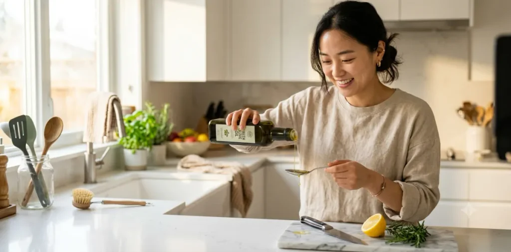 안전한 mct오일 섭취량 조절을 위해 주방에서 작은 스푼에 기름을 따르는 모습