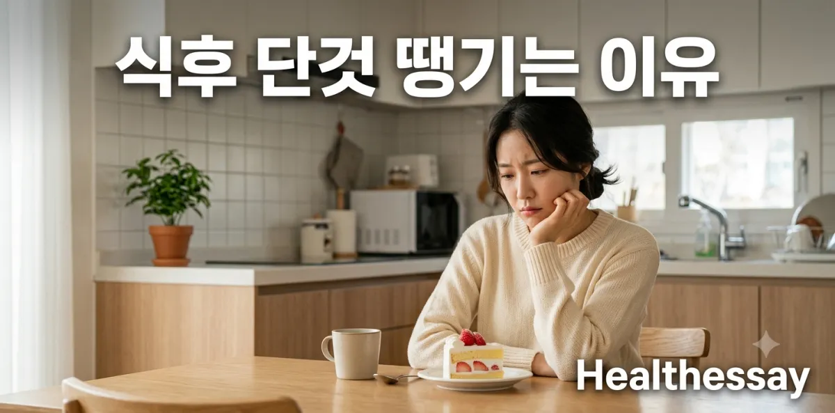 식후 단것 땡기는 이유를 생각하며 식탁 위 디저트를 유심히 바라보는 여성 모습