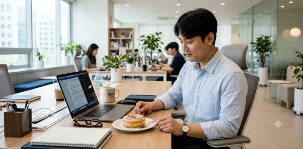 식후 단것 땡기는 이유를 알고 도넛 섭취를 갈등하는 남성 직장인의 모습
