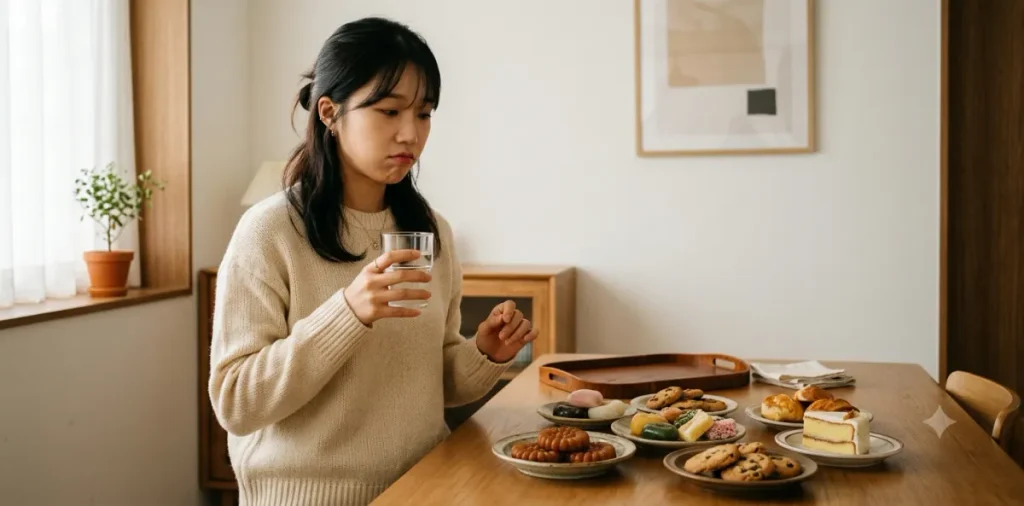 가짜 배고픔 참는법 실천을 위해 단것 대신 시원한 물을 마시려는 여성의 모습