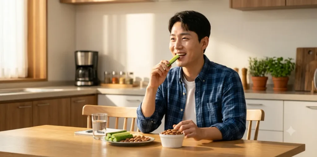 도파민 중독 벗어나기를 목적으로 견과류와 채소를 맛있게 먹는 남성