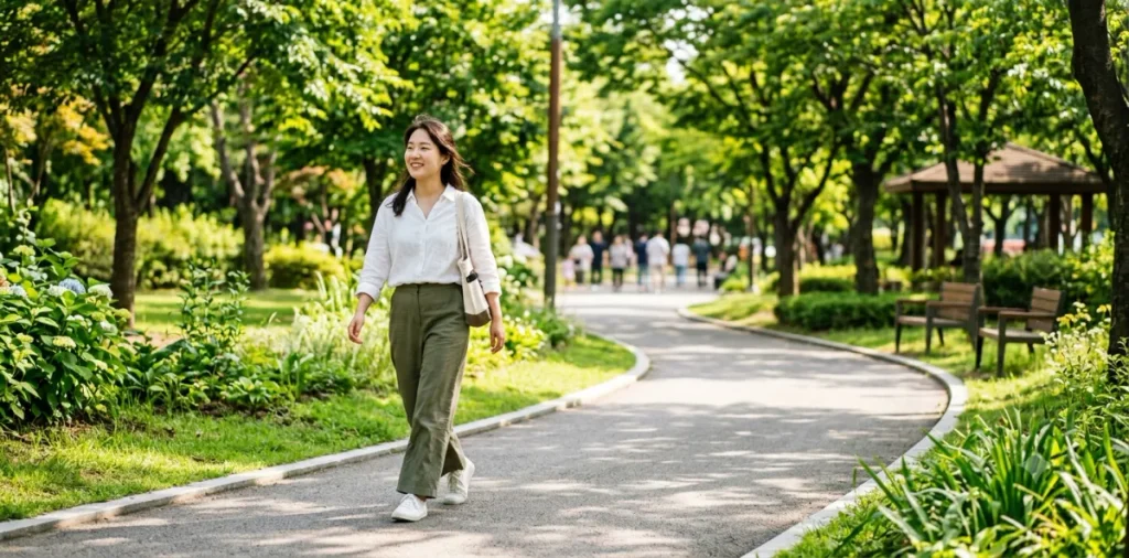 당 끊는 효과를 높이기 위해 식후에 공원을 여유롭게 산책하는 여성