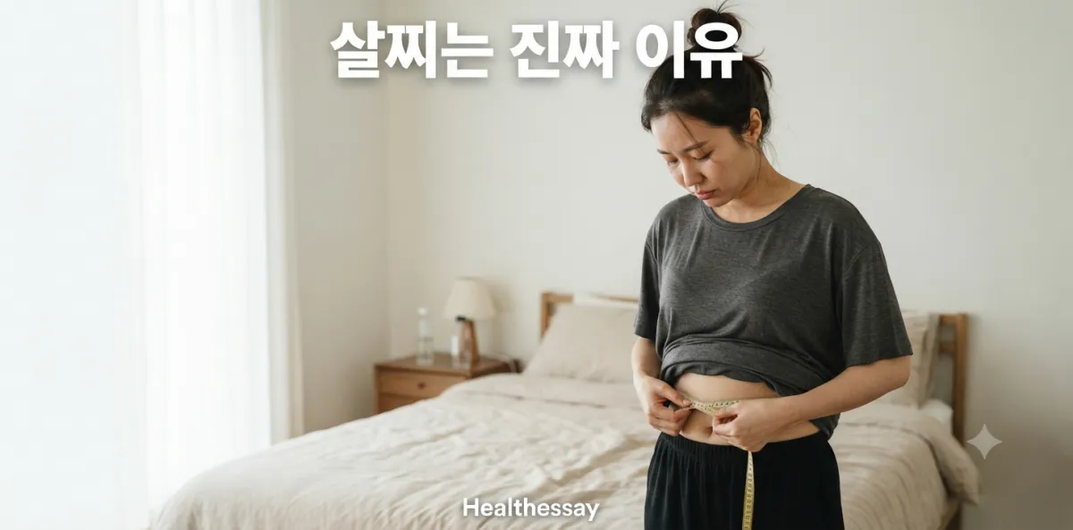 식사량을 크게 줄였지만 적게 먹어도 살찌는 이유를 고민하며 허리를 재는 장면