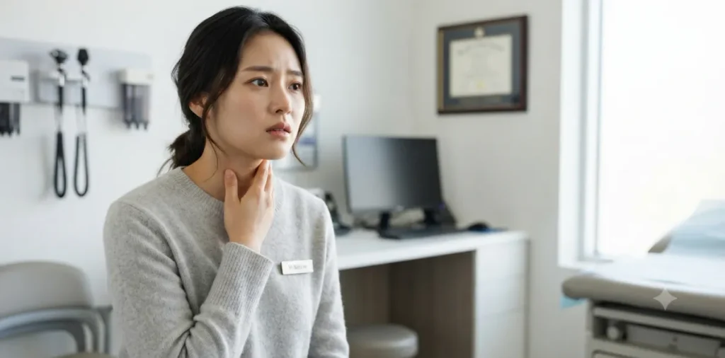 갑상선 기능 저하 증상을 진단받기 위해 병원 진료실에서 목 부분을 짚어보는 장면