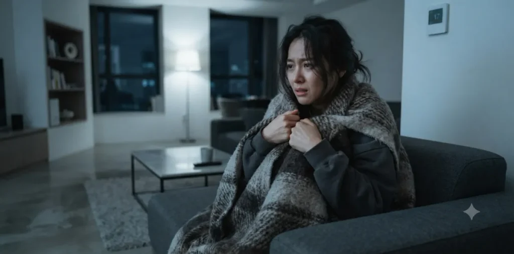 기초대사량 감소로 실내에서도 두꺼운 담요를 두르고 심하게 추위를 타며 떠는 모습