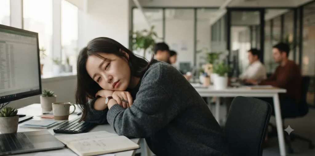 렙틴 저항성 탓에 오후 사무실 책상에 엎드려 극도로 피곤하게 졸고 있는 장면