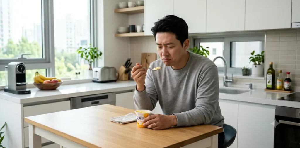 가짜 다이어트 음식 탓에 달콤한 요거트를 먹으면서도 실망감이 가득한 남성 모습