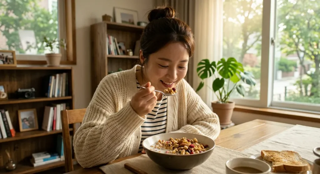 시리얼 그래놀라 당류 폭탄으로 인해 아침 식탁에서 달콤한 시리얼을 먹는 여성 모습