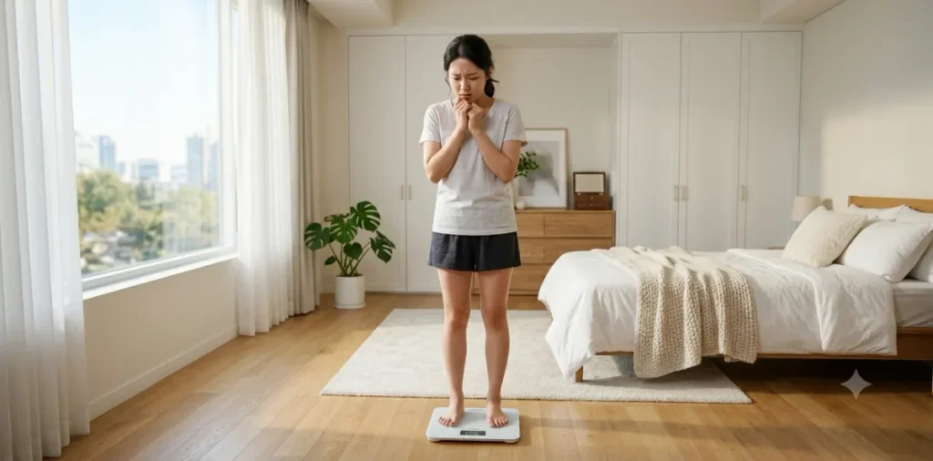 다이어트 정체기 원인 탓에 체중계 위 숫자를 보며 크게 좌절하고 있는 여성의 모습