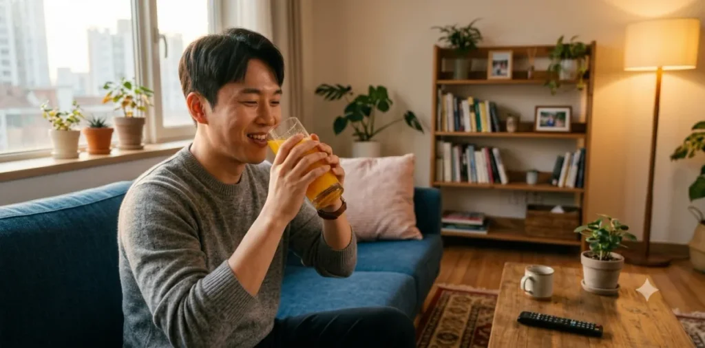 살찌는 과일 과당 부작용을 모른 채 거실 소파에서 주스를 마시는 남성