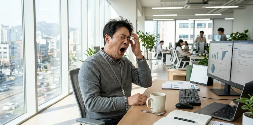 식곤증 커피 피로 문제로 모니터 앞에서 크게 하품을 하며 졸고 있는 모습
