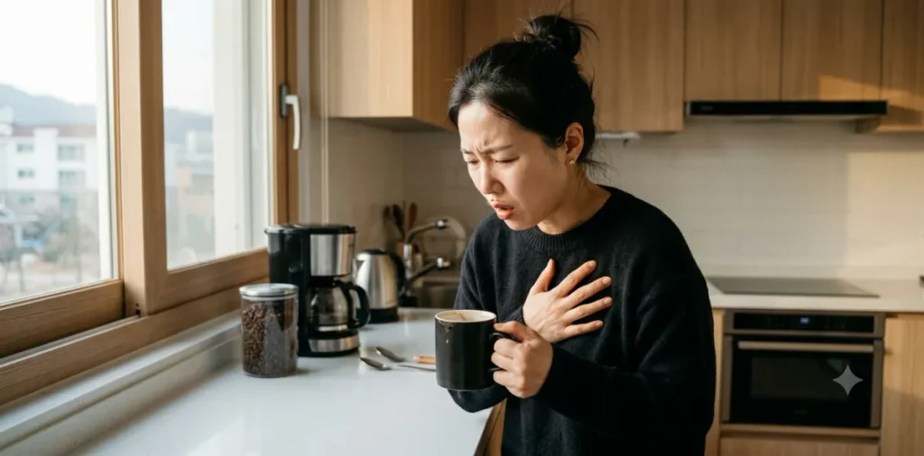 아침 공복 커피 섭취 후 심장의 두근거림을 느끼며 한 손으로 가슴을 움켜쥔 모습