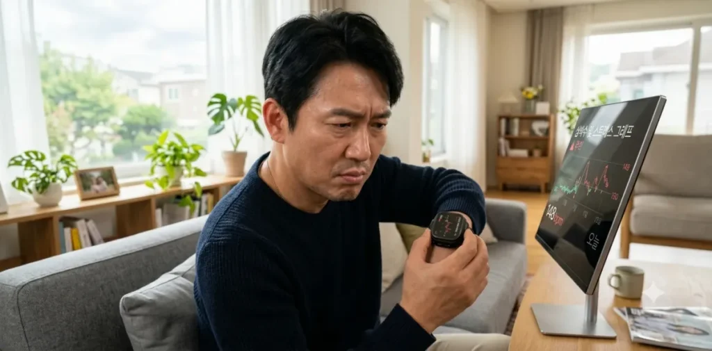 혈당 스파이크 악화 현상으로 피로감이 몰려와 소파에 기대어 이마를 짚고 있는 장면