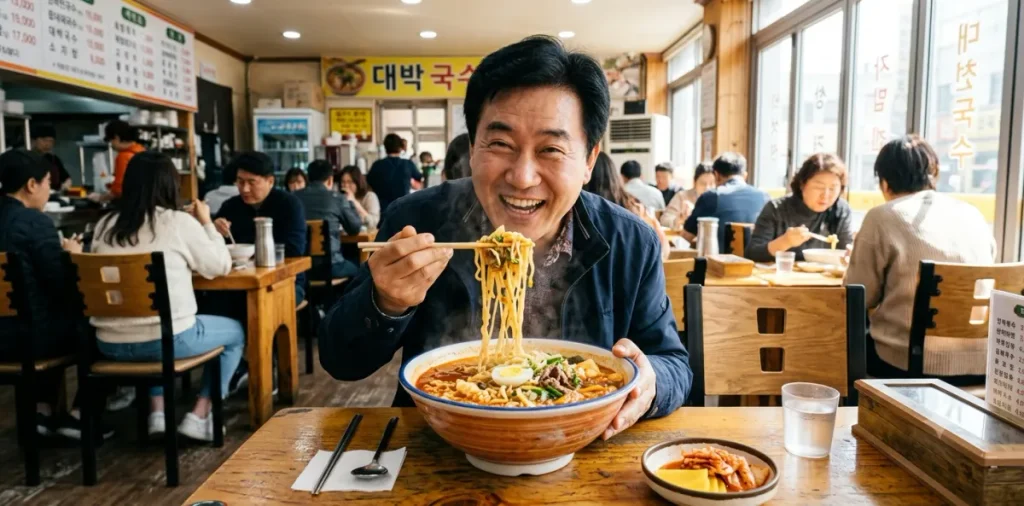탄수화물 과다 섭취로 밥먹고 졸린 이유를 보여주는 면 음식을 먹는 남성 모습