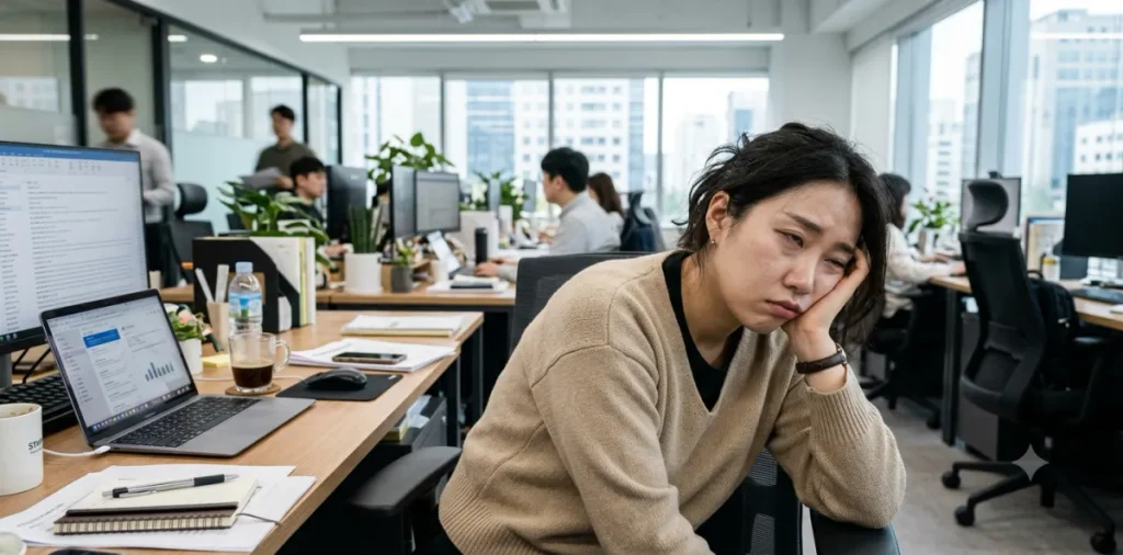 점심 먹고 졸릴때 극심한 뇌 에너지 고갈로 모니터 앞에서 눈을 감는 모습