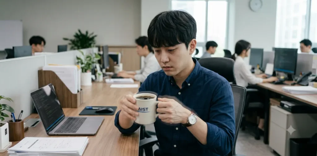 반응성 저혈당 증상 발현으로 인해 커피잔을 들고 있는 손이 심하게 떨리는 장면