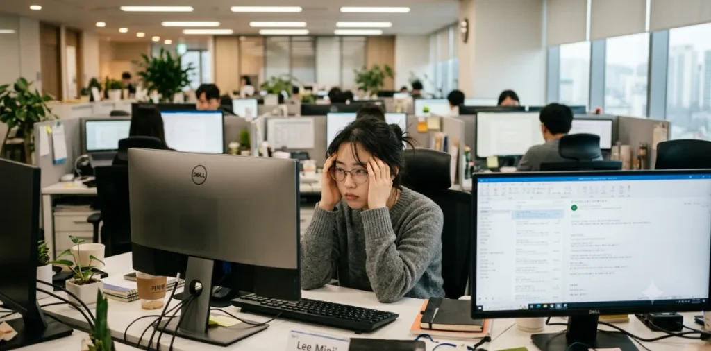 뇌 에너지 고갈 현상으로 집중력을 잃고 컴퓨터 모니터를 멍하게 바라보는 모습