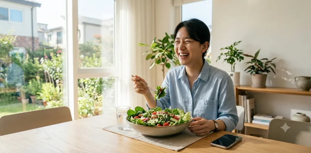 식후 쏟아지는 잠 극복을 위해 신선한 채소 위주의 샐러드를 먼저 섭취하는 장면