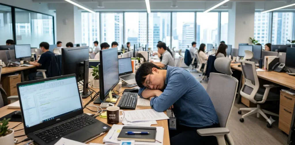 점심식사를 마친 후 참을 수 없는 피로감에 사무실 책상에 엎드려 잠든 장면