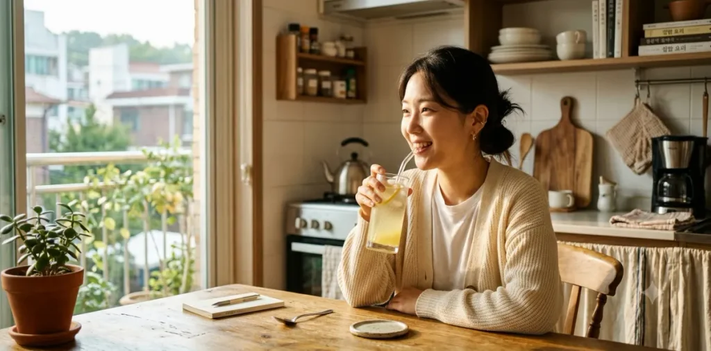 치아 손상을 막는 안전한 애플사이다비니거 먹는법 실천으로 빨대를 쓰는 모습