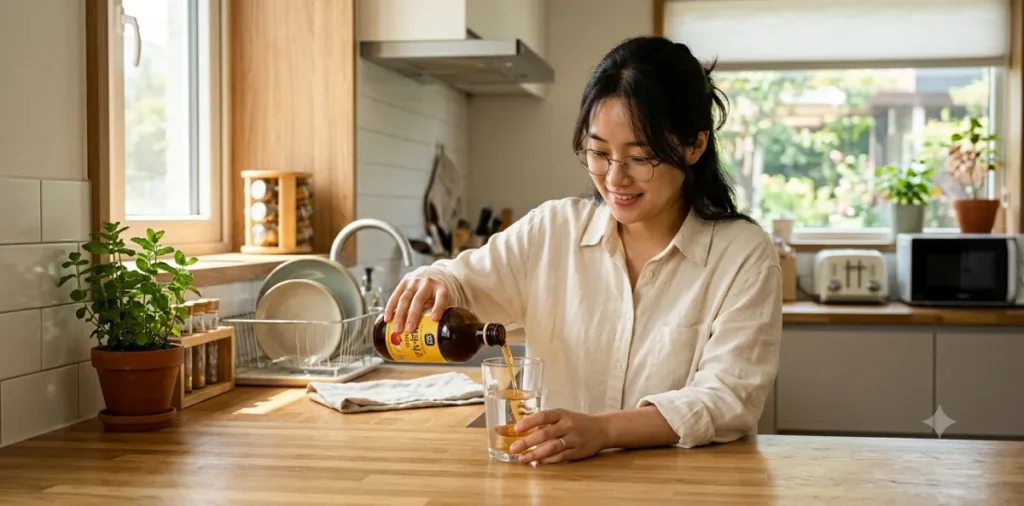 올바른 적정량을 지키기 위해 유리잔에 물을 채우고 원액을 조금씩 따르는 장면
