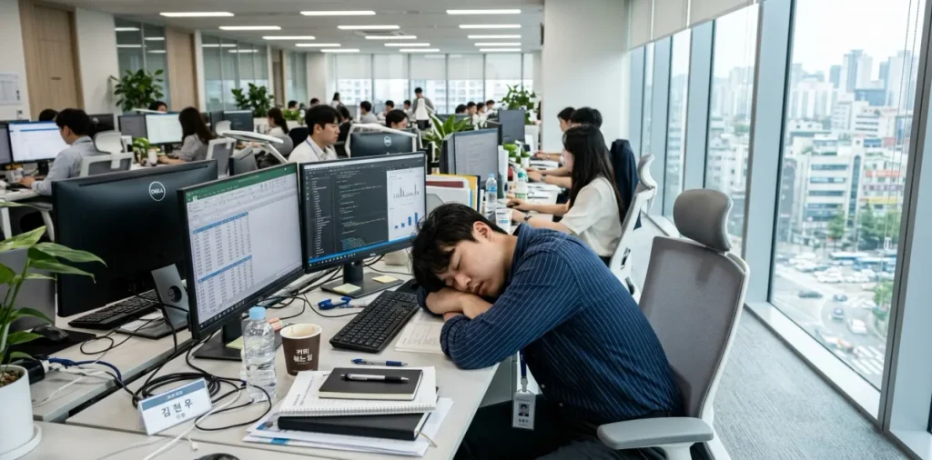 점심 식사 후 정제 탄수화물 피로감을 이기지 못하고 의자에 기대어 조는 모습