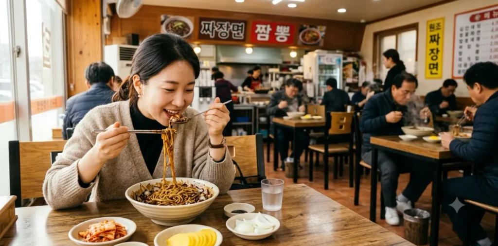 점심시간 식당에서 식후 위장 혈액 쏠림 증상을 유발하는 밀가루 음식을 먹는 모습