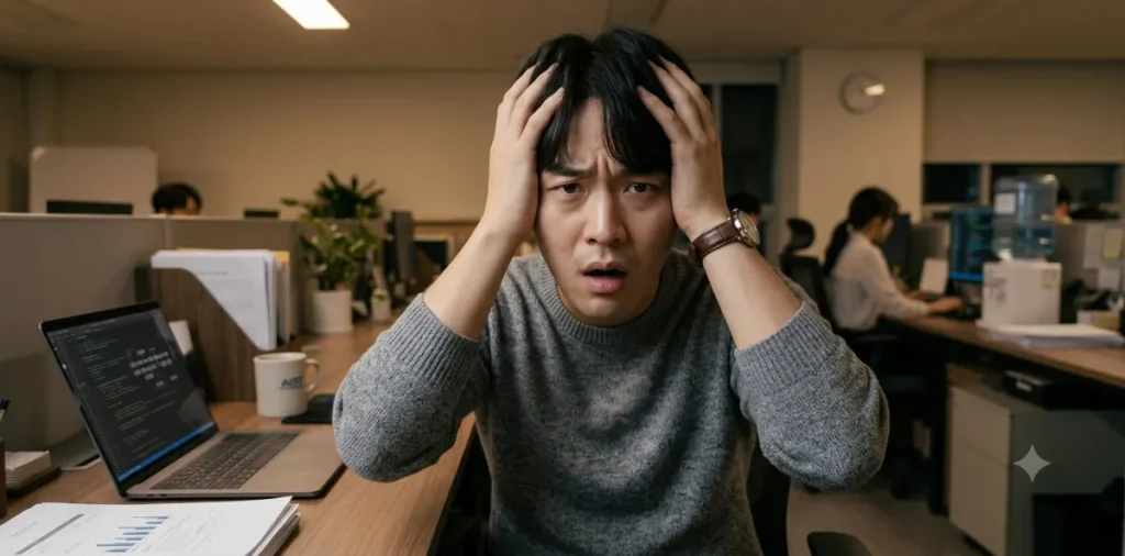 밥을 먹은 뒤 심각한 뇌 산소 부족 증상 현상으로 두통을 느끼며 머리를 짚은 모습