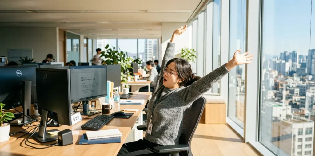 오후에 점심 먹고 머리 멍함 증상으로 인해 책상에 앉아서 기지개를 켜며 푸는 모습