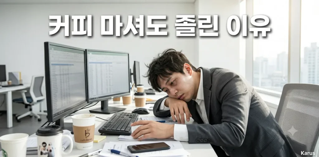 매일 점심 식사 후 커피 마셔도 졸린 이유 탓에 책상에 엎드려 쓰러진 남성의 모습
