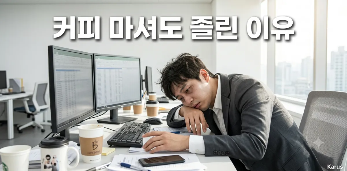 매일 점심 식사 후 커피 마셔도 졸린 이유 탓에 책상에 엎드려 쓰러진 남성의 모습