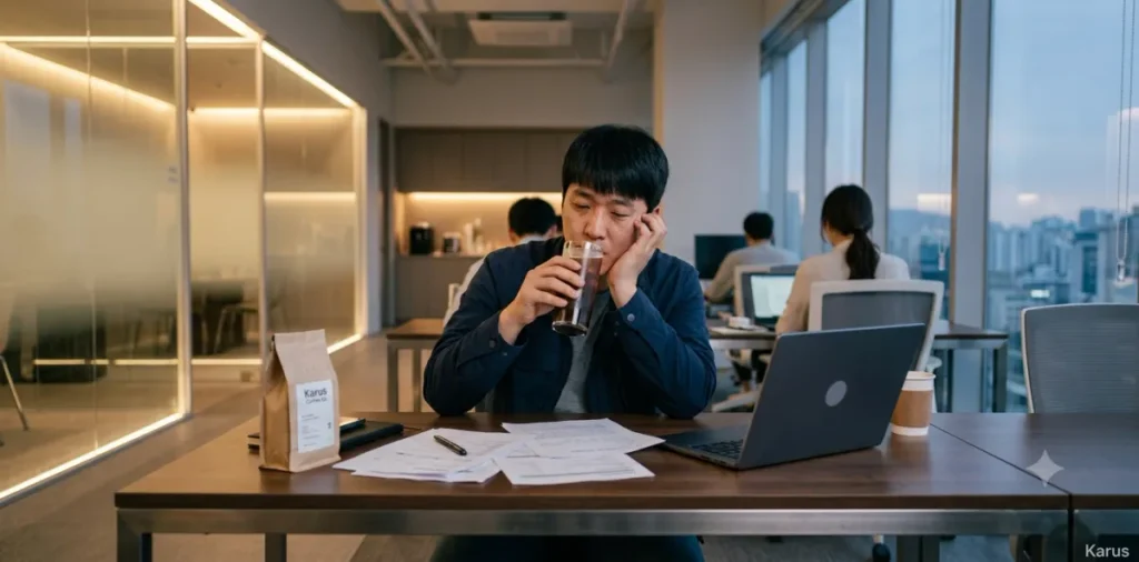 점심시간에 진한 식곤증 커피 섭취 후 오히려 멍하게 모니터를 쳐다보고 있는 모습