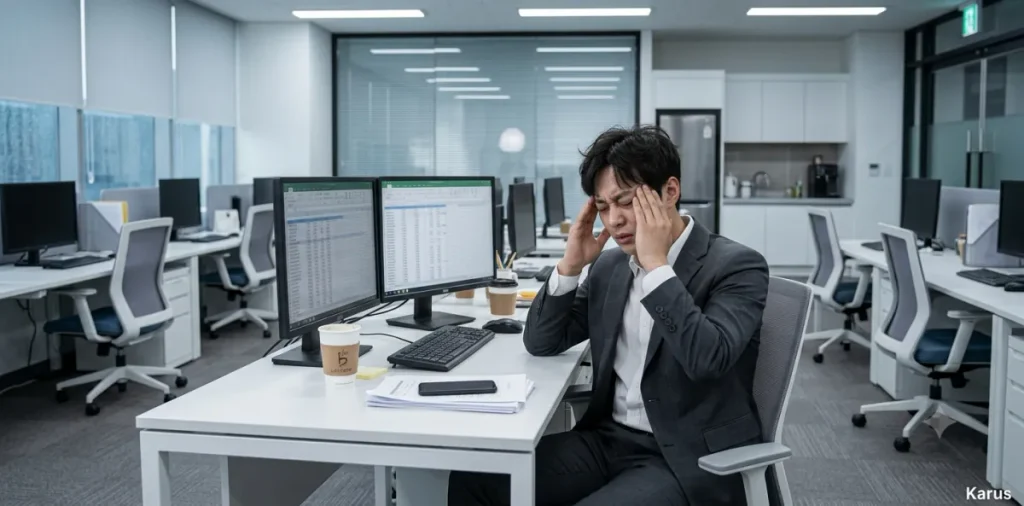 뇌 신경 속임수 부작용으로 극심한 식후 커피 피로 탓에 지독한 두통을 겪는 모습