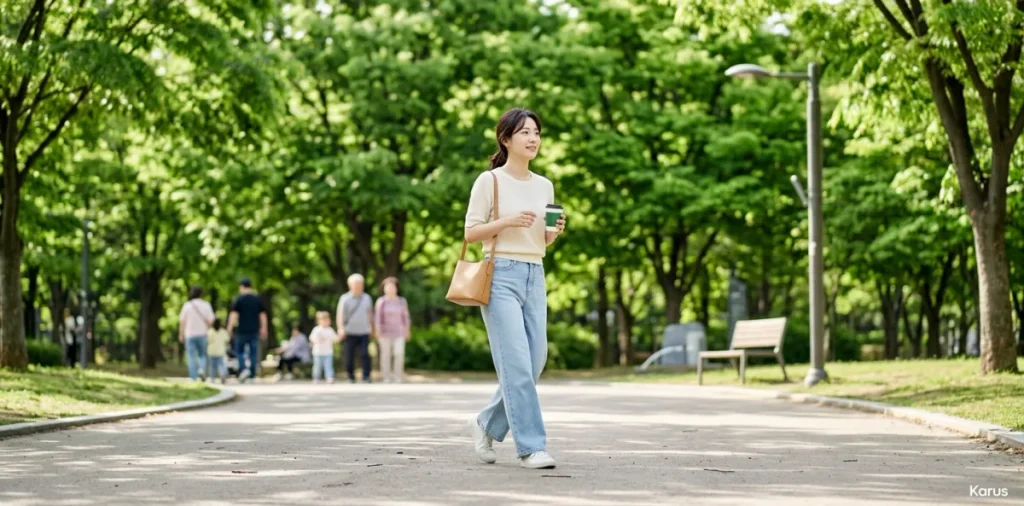 피로를 조절하는 아데노신 수용체 기능을 정상화하기 위해 공원을 걷는 모습