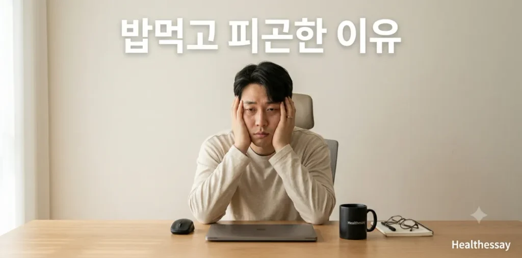 매일 점심 식사 후 밥먹고 피곤한 이유로 책상에 엎드려 지쳐있는 남성