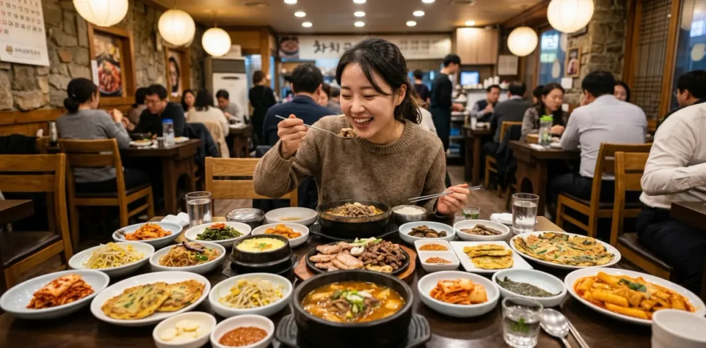 과도한 양의 식사를 하며 소화 안되고 졸린 이유를 몸소 만들고 있는 여성의 모습