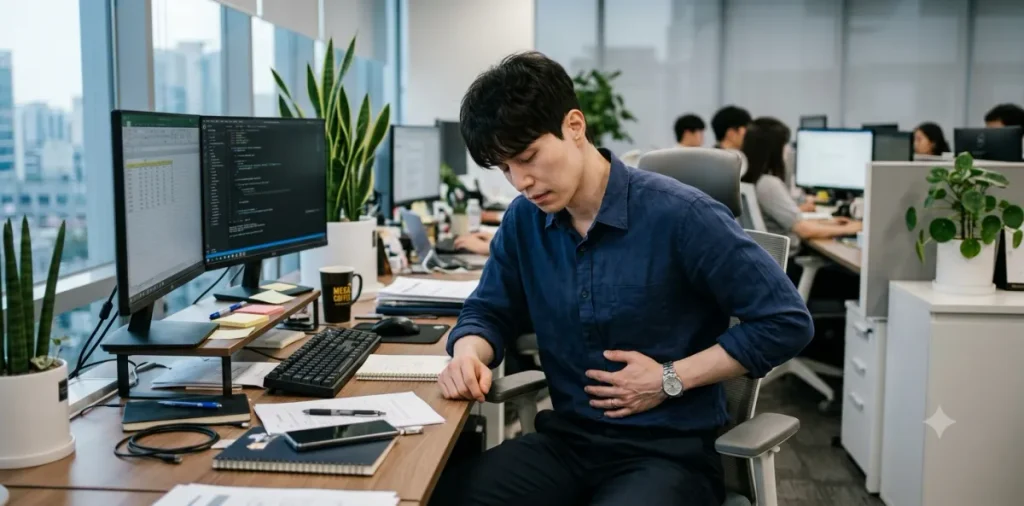 과도한 음식물 섭취로 인해 극심한 위장 피로 현상이 찾아와 배를 잡고 있는 모습