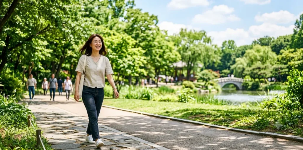 점심 먹고 몸이 무거울때 장운동을 돕기 위해 공원 산책로를 가볍게 걷는 모습