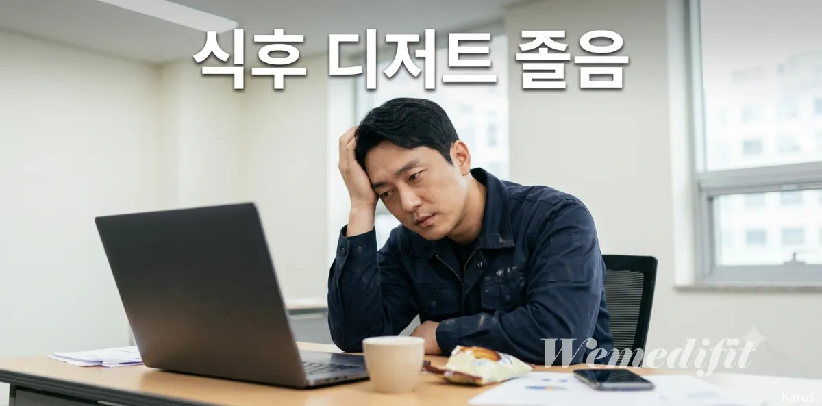 점심 식사 후 강력한 식후 디저트 졸음 현상을 이기지 못하고 책상에 엎드려 잠든 모습