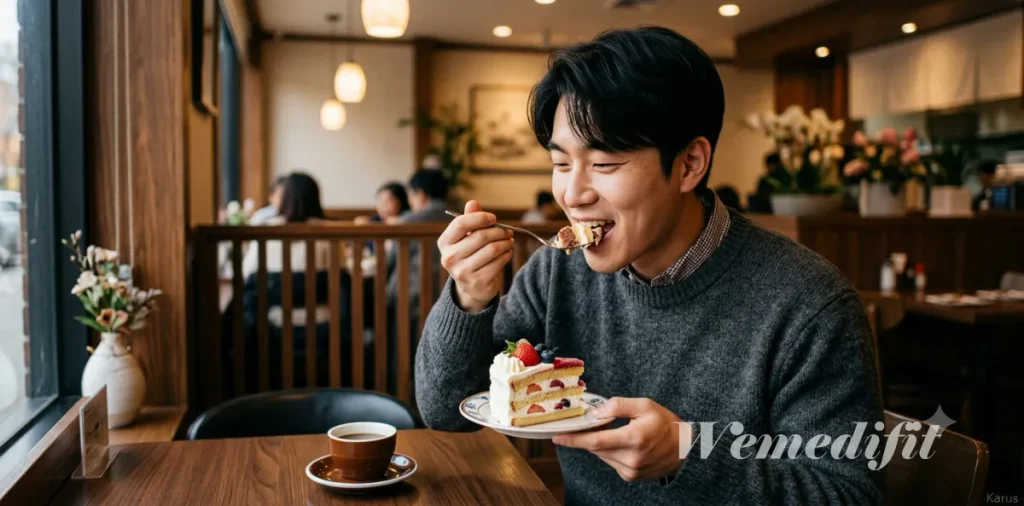 점심식사 직후 입가심으로 단거 먹으면 졸린 이유가 되는 달콤한 조각 케이크를 먹는 모습