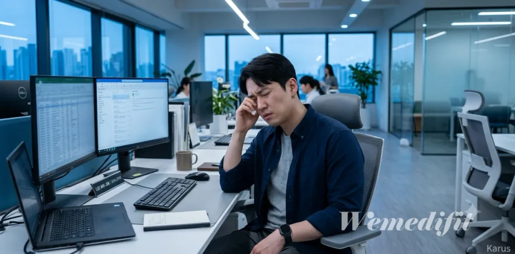 뇌의 포도당 결핍 현상으로 인해 오후 무기력증 원인이 찾아와 머리를 감싸 쥔 모습