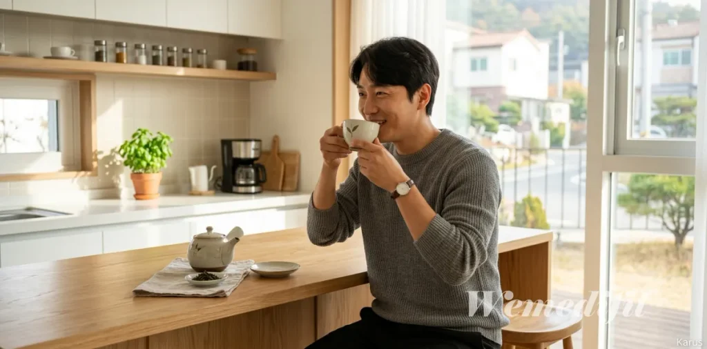 달콤한 시럽 음료 대신 깔끔한 무설탕 녹차를 마시며 오후의 나른함을 달래는 모습