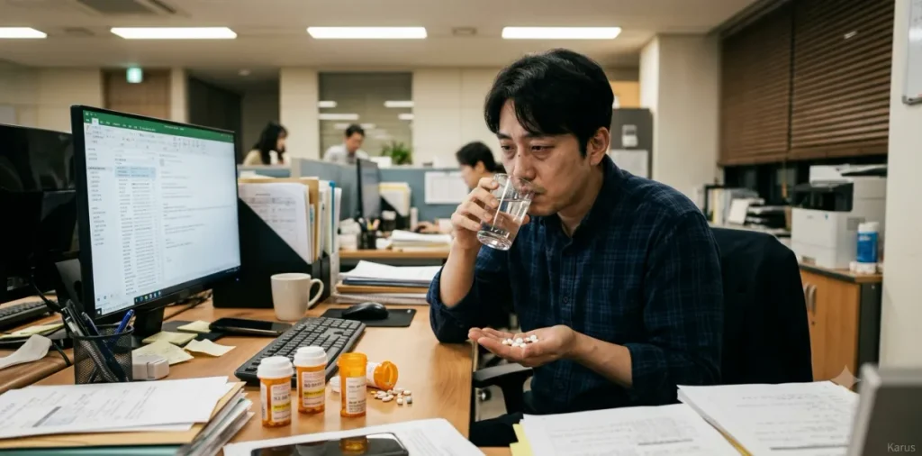 매일 찾아오는 직장인 오후 식곤증 증상을 이겨내기 위해 영양제를 챙겨 먹는 모습
