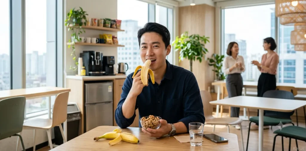 천연 수면제 부작용 유발 물질인 바나나와 견과류를 휴게실에서 맛있게 먹는 모습